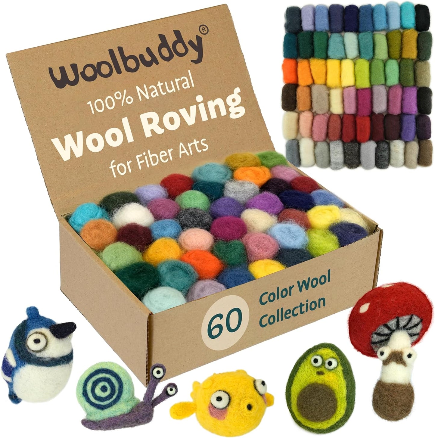 Woolbuddy Wool Roving– 60 Assorted Corriedale Colors for Needle Felting – Soft Multi-Color Wool Fiber for Wet & Dry Felting, DIY Felting Kit for Adults & Beginners