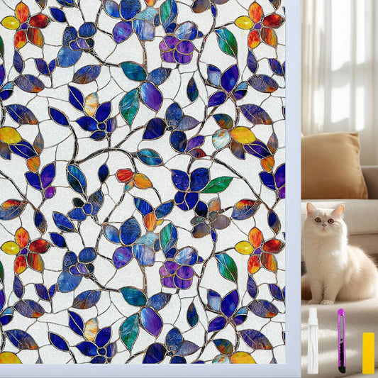 Window Privacy Film Stain Glass Window Film Rainbow Window Film Window clings Non-Adhesive Reusable Decorative for Room (Frosted Stained Leaf, 17.5 x 78.7 in)