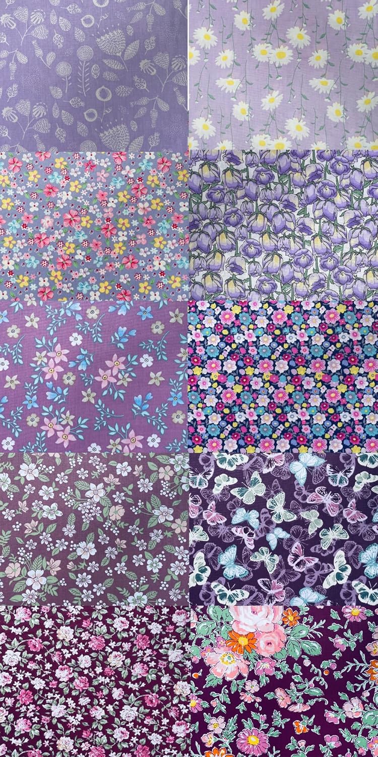 HANPATQUI 50PCS 10 x 10 inch Purple Printed 100% Cotton Fat Quarters Fabric for Sewing and Quilting Bundles Precut Fabric Square for DIY Craft Patchwork