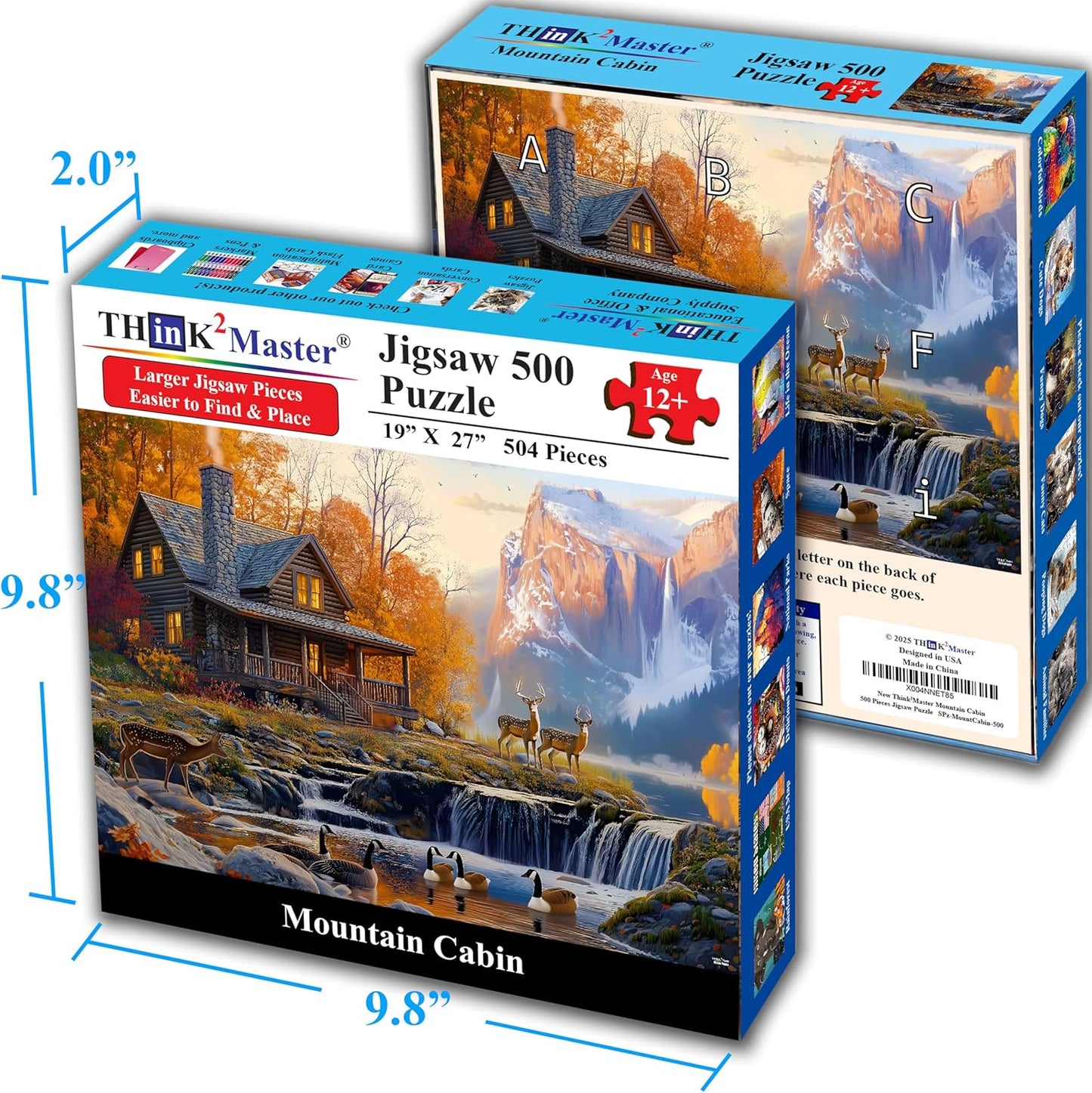 Think2Master Cabin by The Falls 500 Pieces Large Format Jigsaw Puzzle: Kids 12+, Teens, Adults & Families. Scenic Autumn Mountain Landscape with Log Cabin, Waterfall. Great Gift. Size: 26.8” X 18.9”