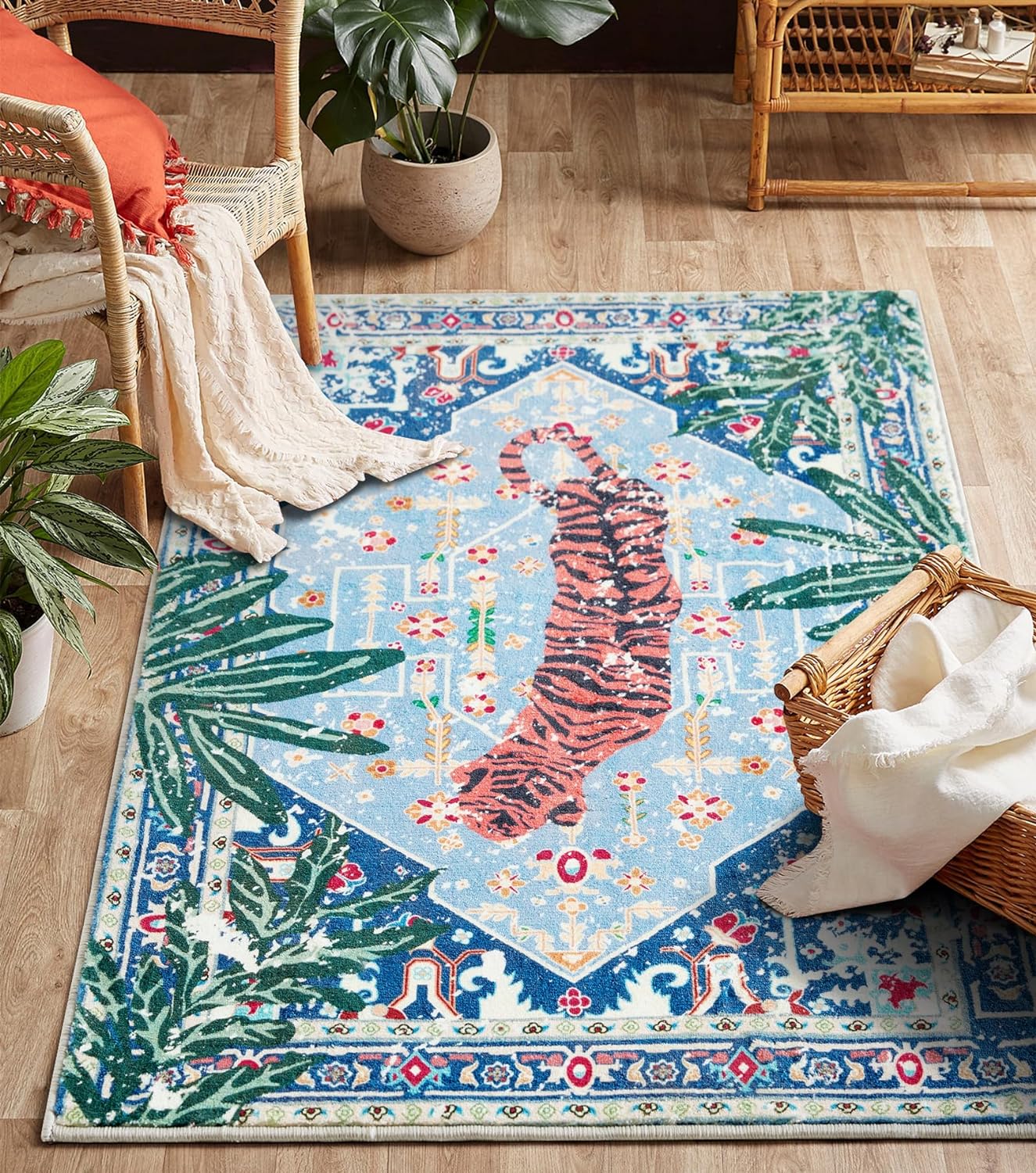 Washable Blue Rugs Thin Oriental Boho Vintage Tropical Jungle 9x12 Area Rugs for Bedroom Kitchen Dining Living Room Office Distressed Indoor Large Carpet