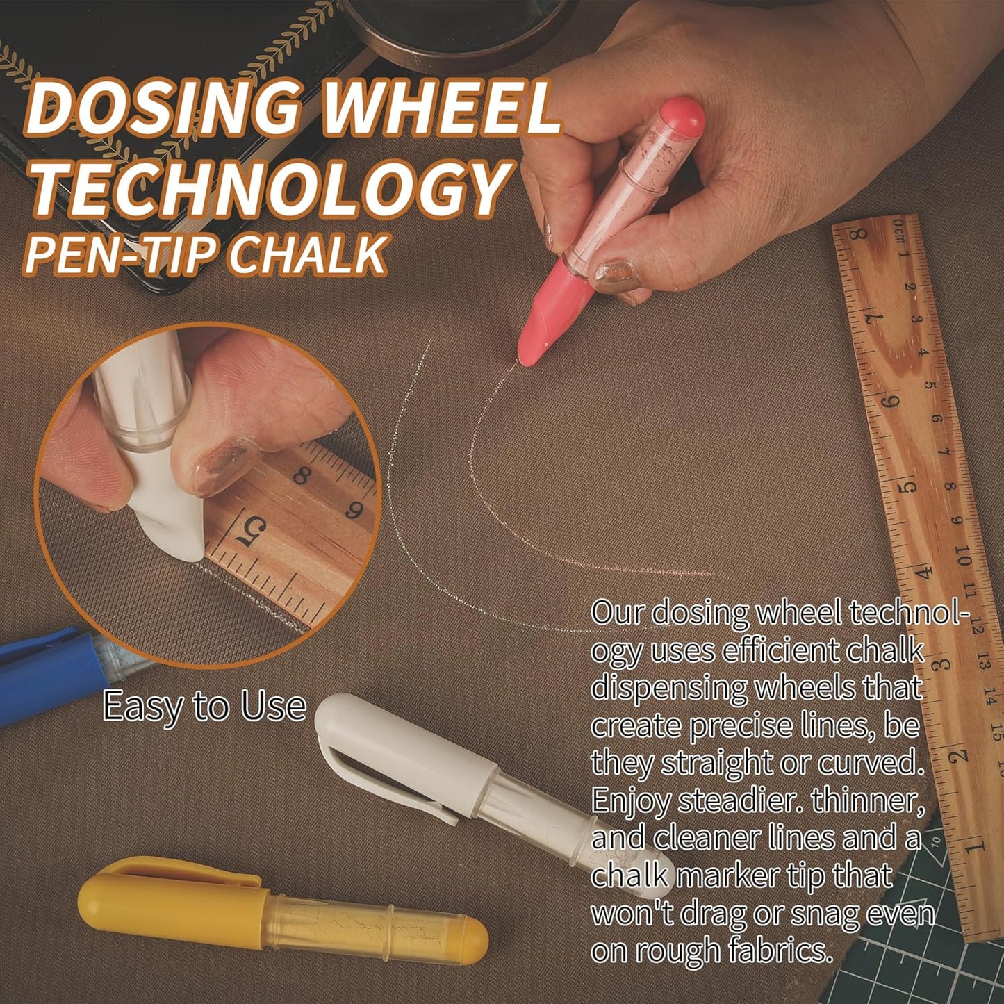 (4-pack) Fabric Chalk Markers (Red, Yellow, Blue, White) -Erase Tailor’s Chalk for Quilting and Sewing - Compatible with Most Fabrics - With Dosing Wheel Technology, 4 Colors