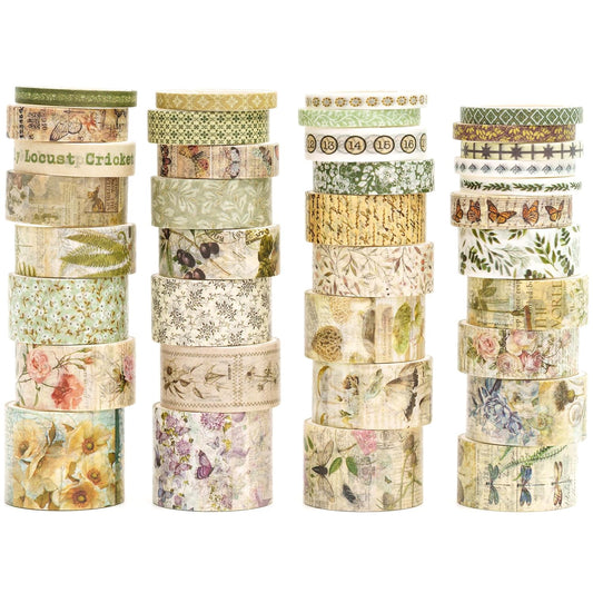 36 Rolls Vintage Washi Tape Pack Retro Arts Adhesive Tapes Wide Chronicle Decorative Masking Tape Sets for Craft, Kids, Scrapbook, DIY, Gift Wrapping (Forest Praise)