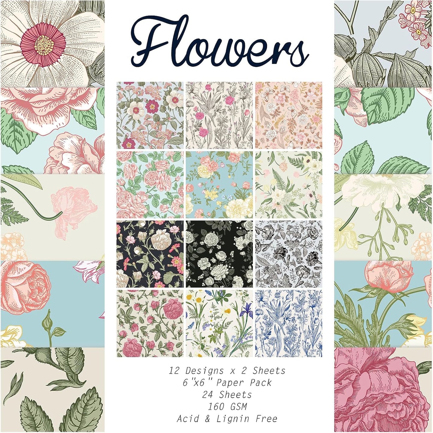 24 Sheets 12 Designs Scrapbook Paper Pad,6"×6” Single-Sided Decopodge Craft Cardstock Paper, Christmas Scrapbooking DIY Decorative Background Cardmaking Supplies.Flowers