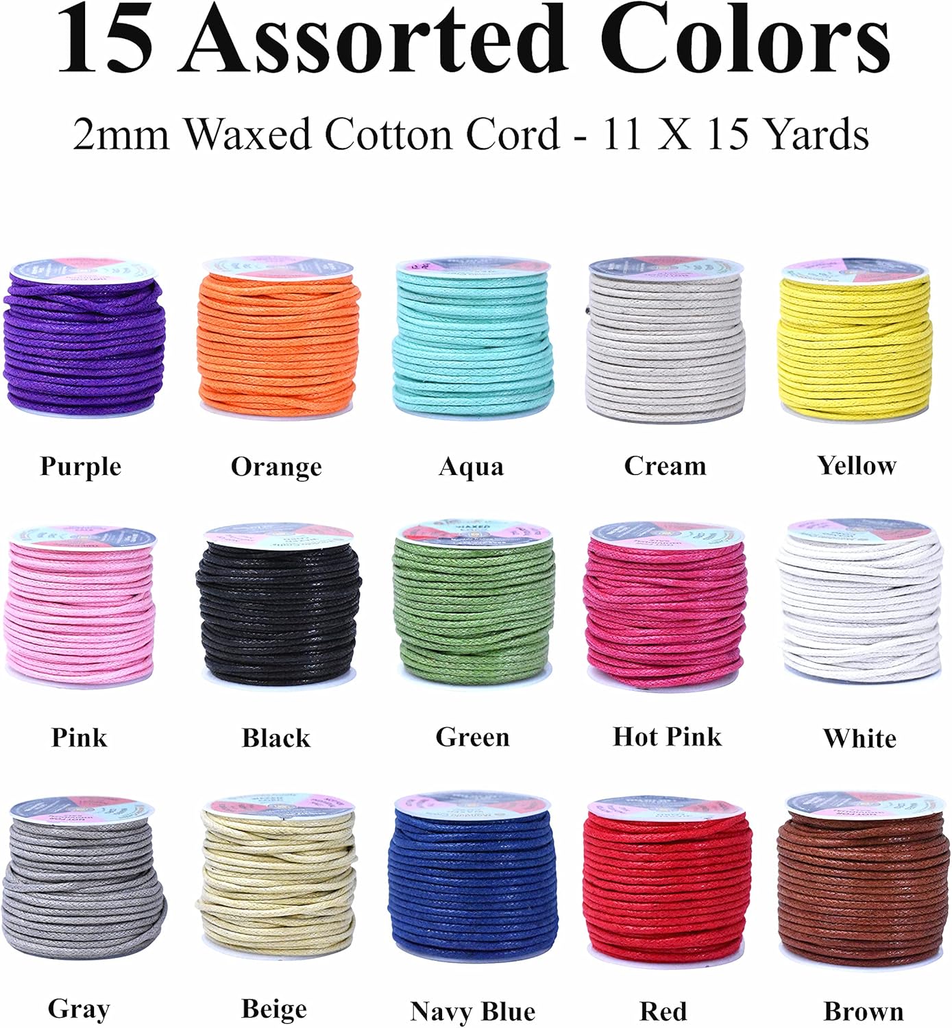 Mandala Crafts 2mm 11 X 15 Yards Assorted Cotton Waxed Cord for Jewelry Making Bracelet Cord Waxed String - Beading String Thread Jewelry Cords for Necklaces String