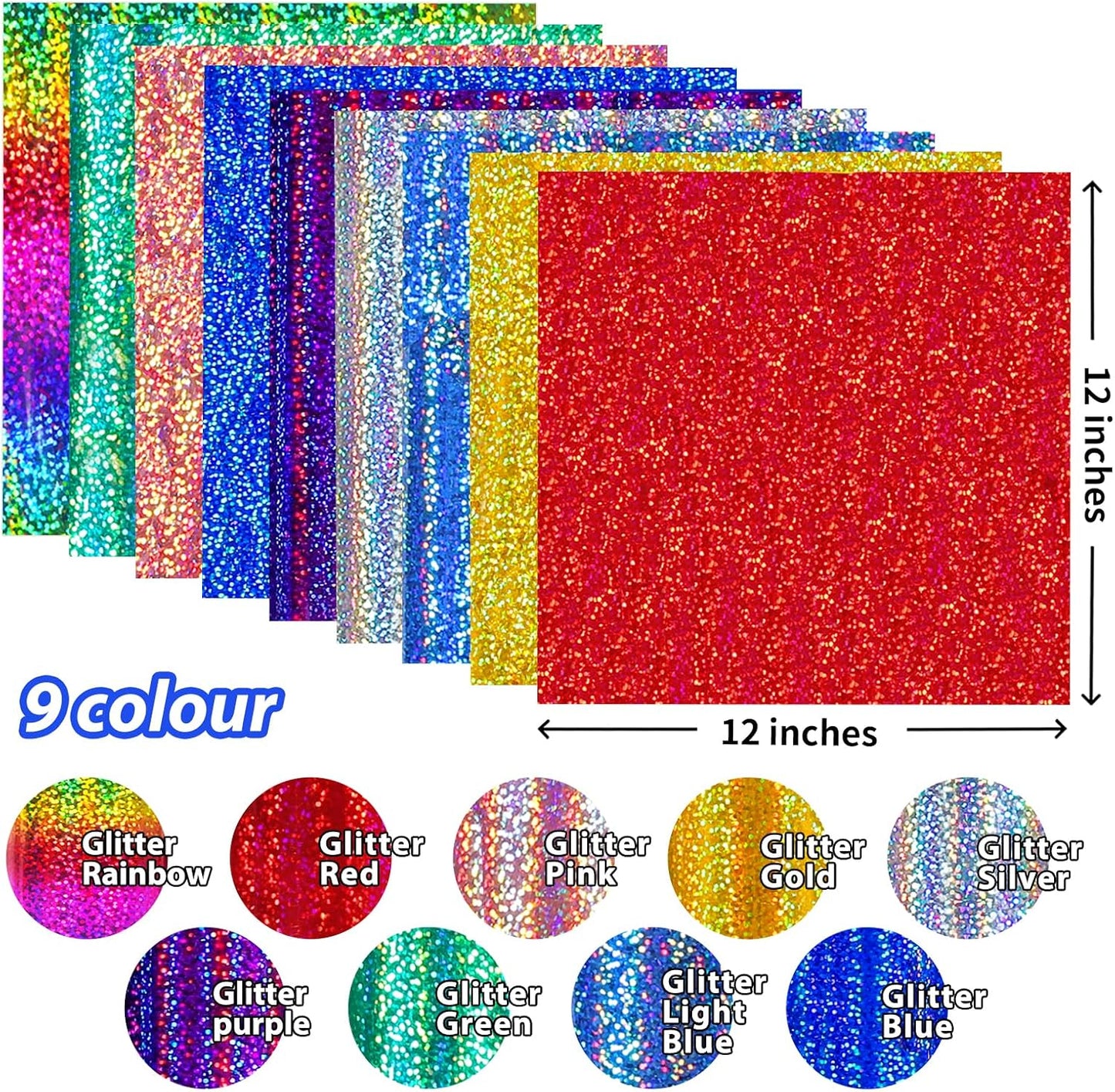 GIRAFVINYL Holographic Glitter Permanent Vinyl Bundle, 9 Assorted Colors 12-Inch Sheets, Glitter Vinyl Permanent Self-Adhesive Durable for Indoor/Outdoor Crafts, Easy to Cut/Weed with Protective Film