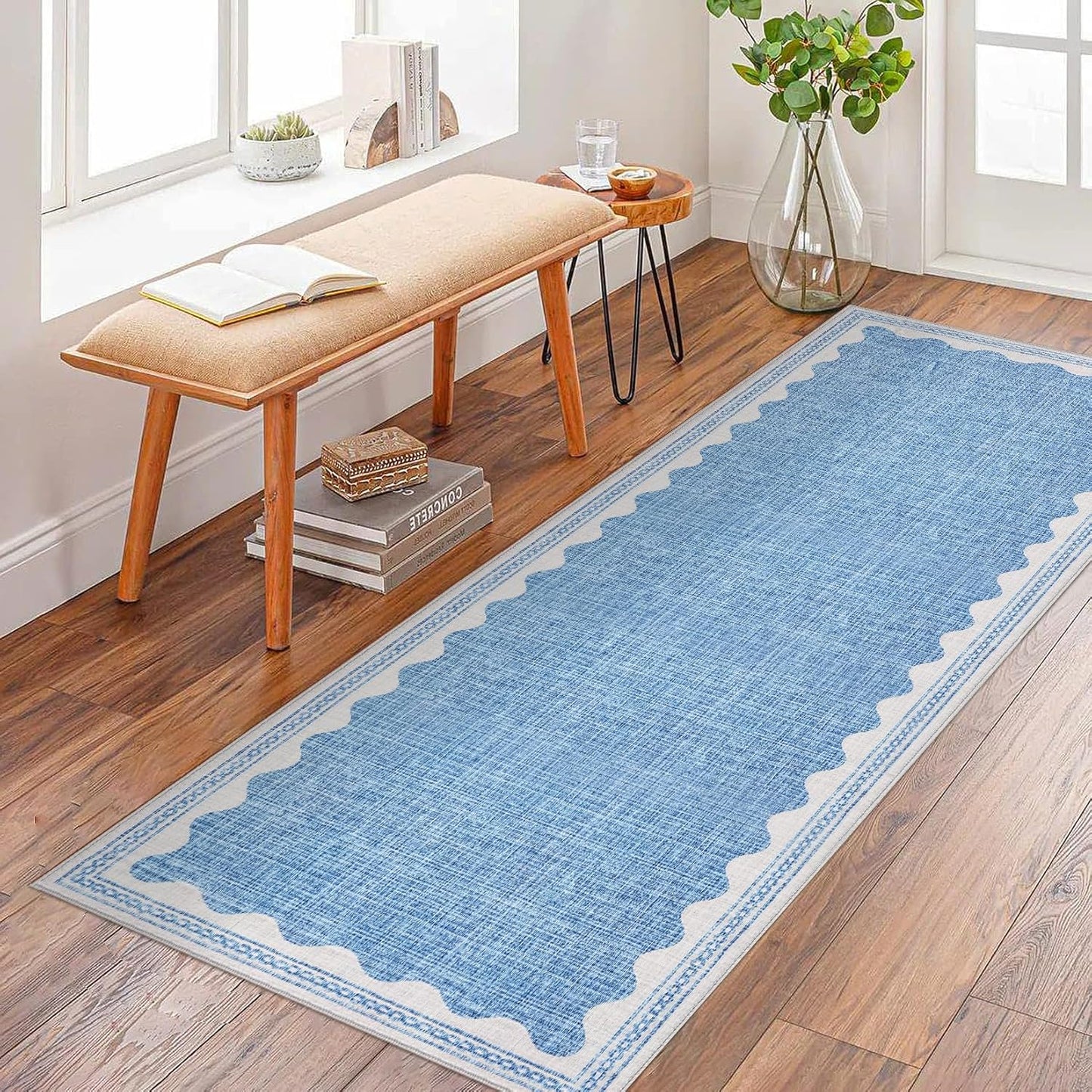Scalloped Rug 2.5x10 Runners for Hallways, Solid Blue Non Slip Scalloped Bath Runner, Washable Rug for Bedroom Girls, Rugs for Kitchen Floor Soft Dorm Nursery Carpet for Bedside