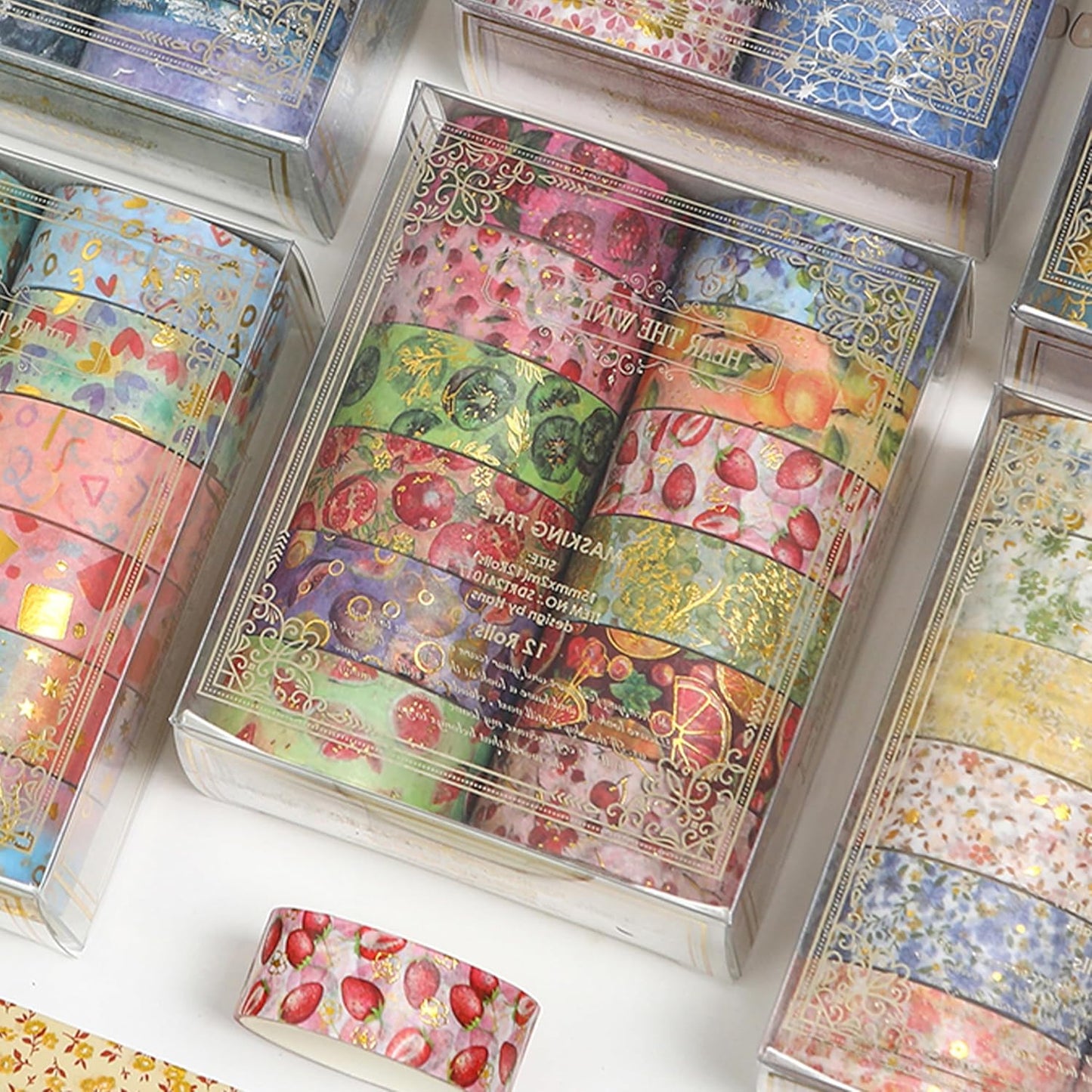12 Rolls Charming Washi Tape Set Gold Silver Foil Detailing Arts Adhesive Tapes Basic Patterns Decorative Masking Tape Sets for Craft, Kids, Scrapbook, DIY, Gift Wrapping (Fruits Feast)