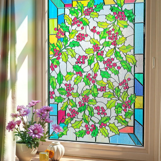 3D Stained Glass Window Film, Decorative Window Privacy Film for Bathroom,Front Door,Home, Sun Blocking Heat Control,Static Cling,23.6inch x 35.4inch Holly