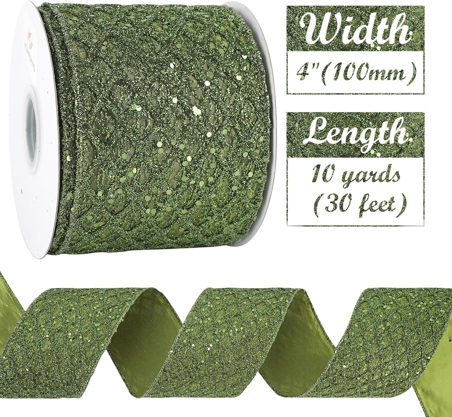 HUIHUANG Moss Green Wired Christmas Ribbon 4 inch Moss Glitter Wired Ribbon Diamond Mesh Wire Ribbon for X-mas Tree Decorations, Wreaths, Garland, Large Bows Making, Home Decor -10 Yards