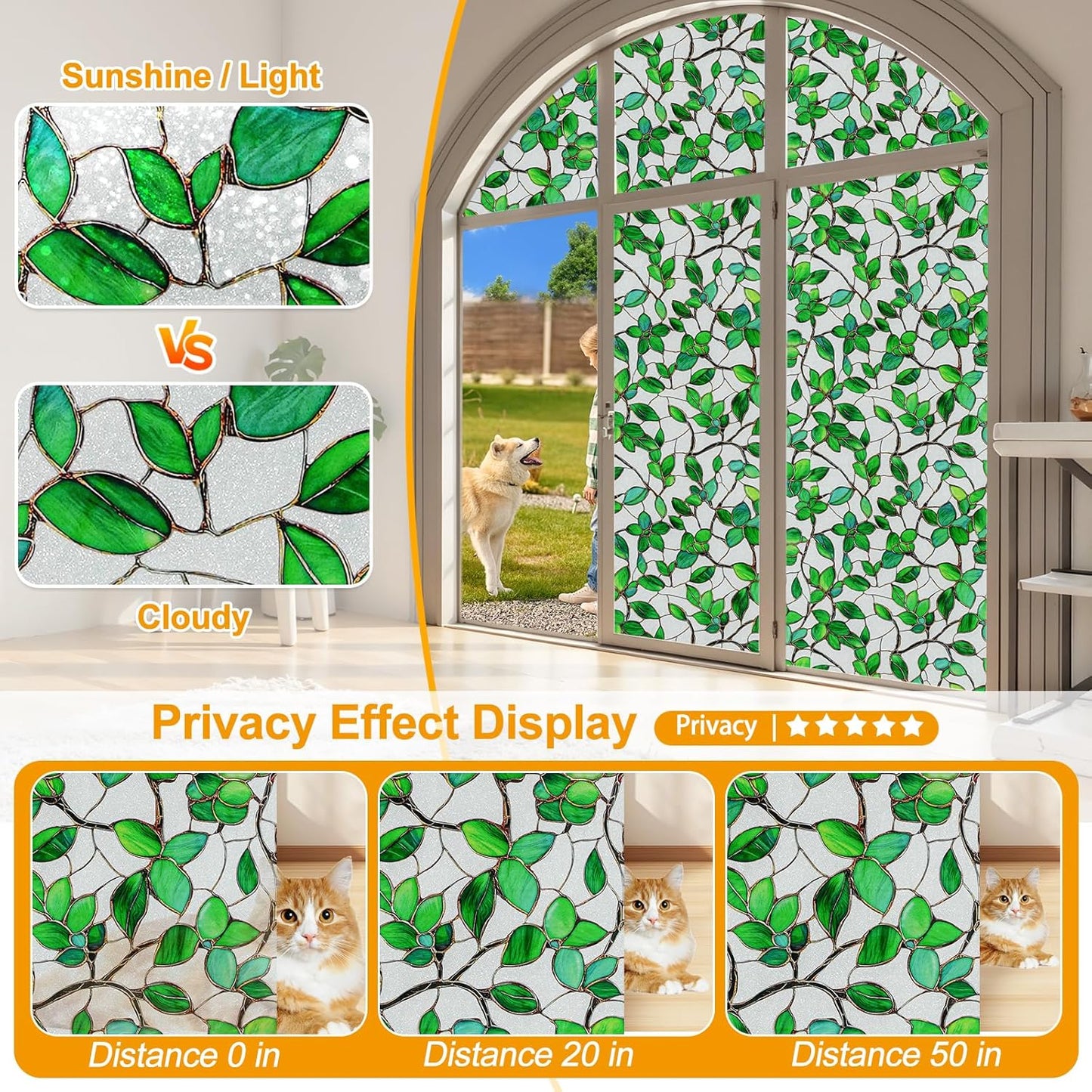 Window Privacy Film Stain Glass Window Film Rainbow Window Film Window clings Non-Adhesive Reusable Decorative for Room (Frosted Greenery Leaf, 23.6 x 78.7 in)