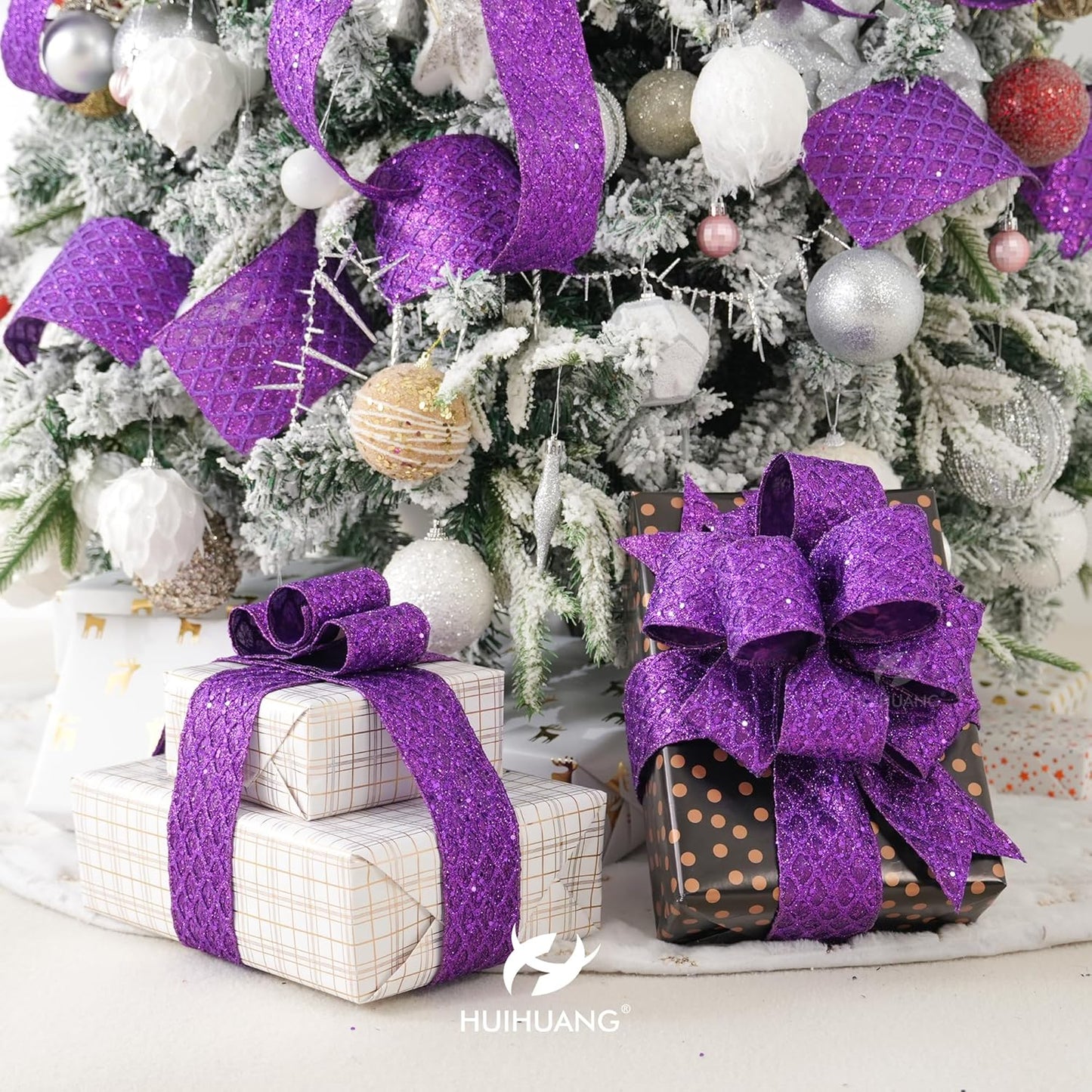HUIHUANG Purple Wired Christmas Ribbon 4 inch Purple Glitter Wired Ribbon Diamond Mesh Wire Ribbon for X-mas Tree Decorations, Wreaths, Garland, Large Bows Making, Home Decor -10 Yards