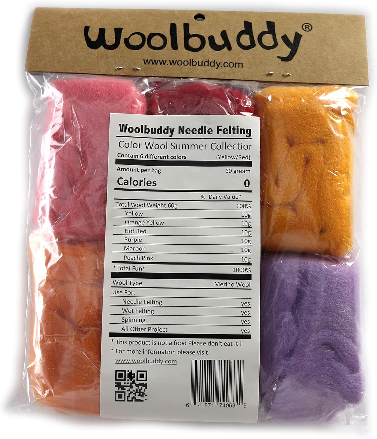 Woolbuddy Needle Felting Wool, Natural Handmade Wool Roving, 6 Vibrant Colors with Instructions (Wool Bag Summer)