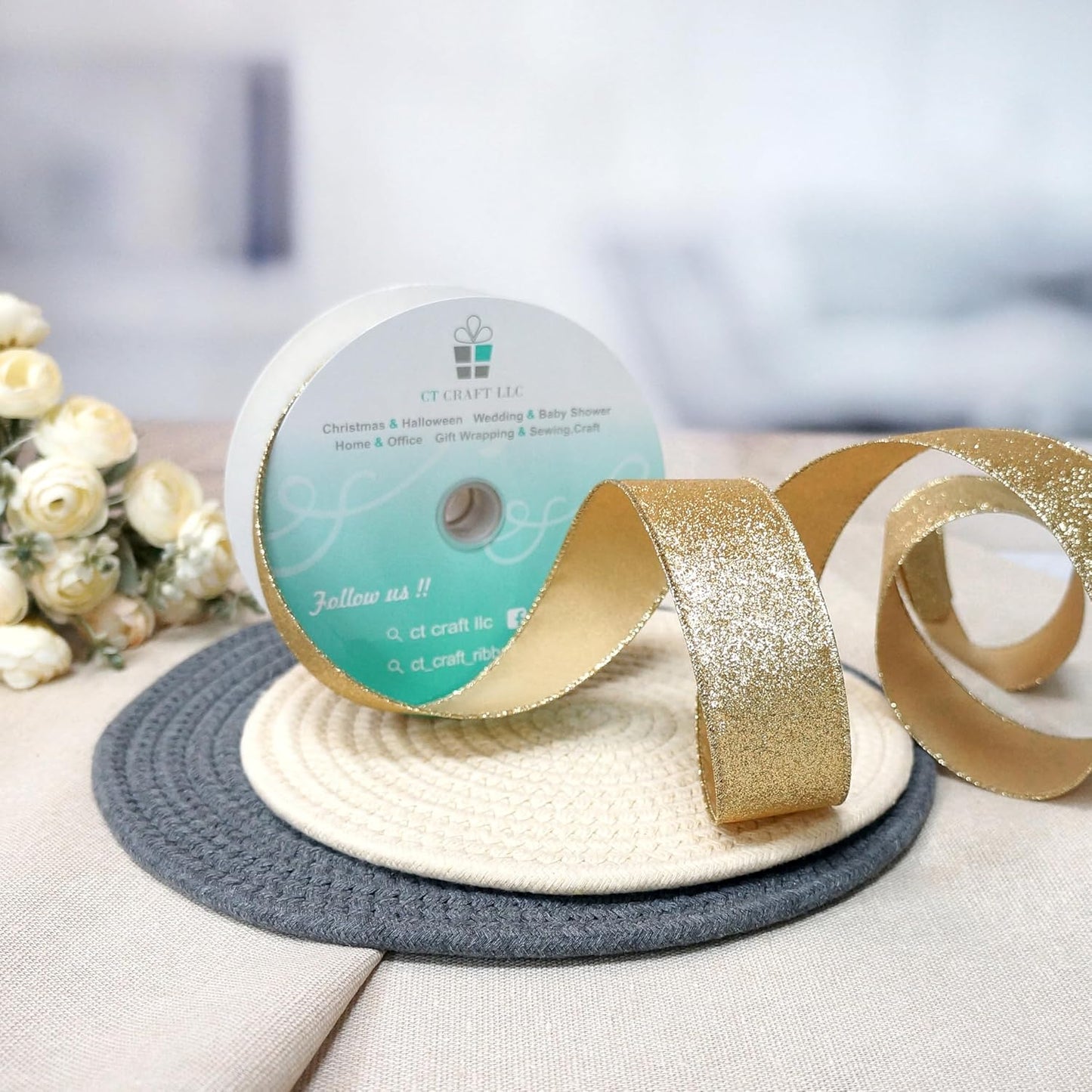 CT CRAFT LLC Glitter Wired Ribbon 1.5" x 20 Yards Light Gold for Christmas Home Decor Bow Gift Wrapping DIY Crafts Wreath