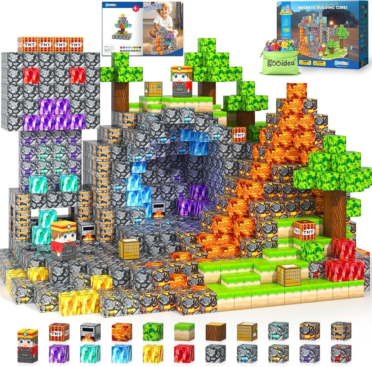 Magnetic Blocks -150 Magnetic Building Blocks STEM Toy, Stacking Mine Magnet World Craft Cubes for Kids, Game Gift for Boys Girls Age 3-5 5-7 4-8 8-12