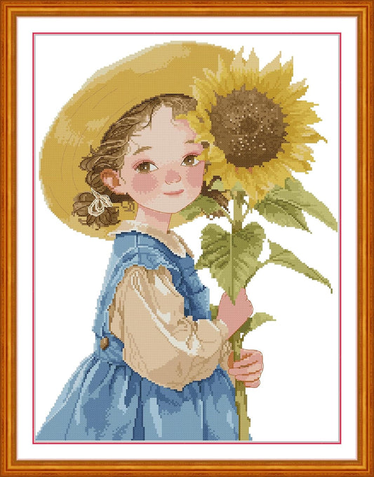 Threadhaven Cross-Stitch Kit 14CT Aida Counted Embroidery Complete Set with Fabric, Threads-Premium Beautiful Girls Design for Adults & Beginners- The Girl with The Sunflower 15.7''×20''