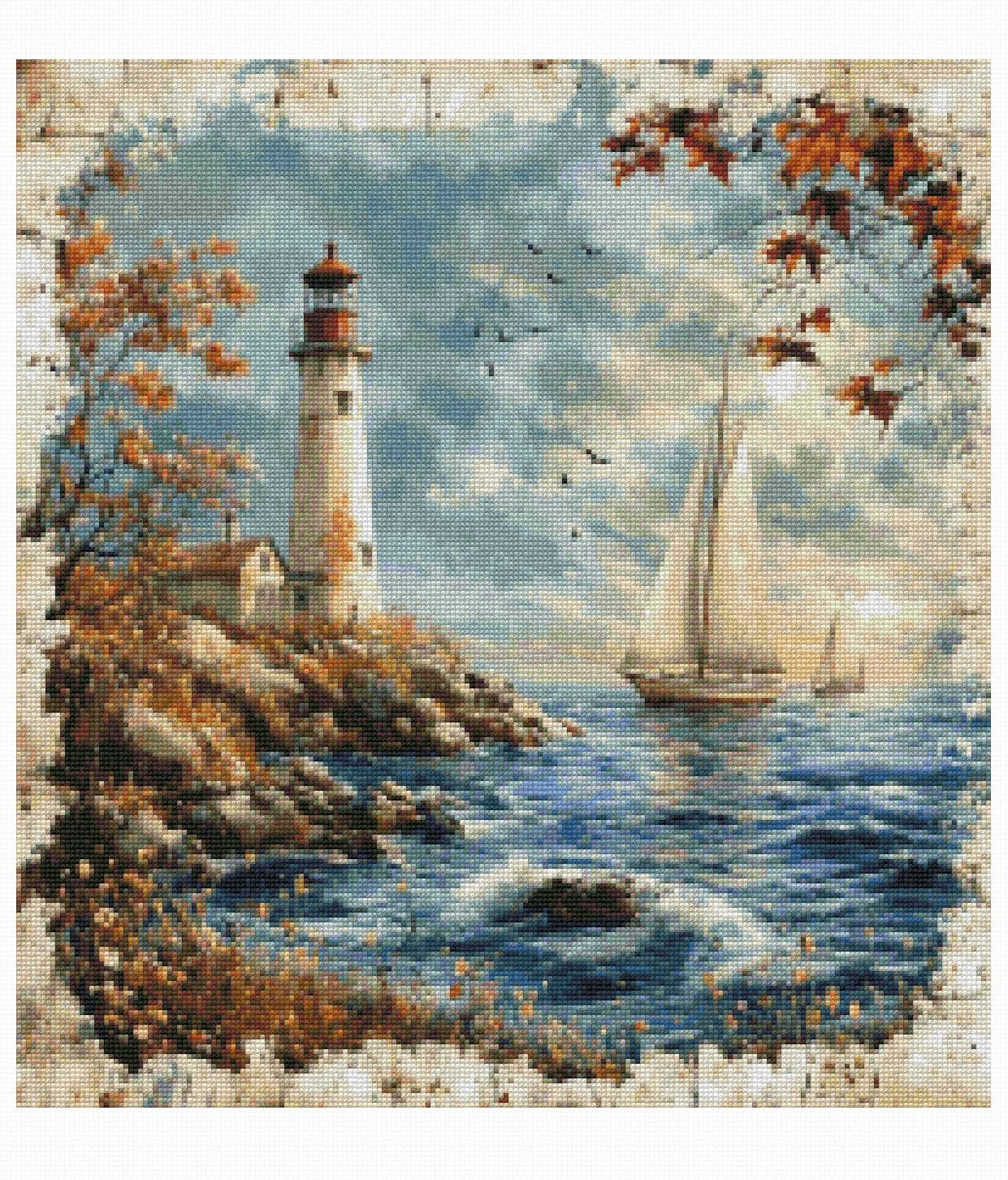 Moohue 14ct Counted Cross Stitch Kits for Adults Seaside Tower Boat Printed Stamped Cross Stitch Patterns Kits Cross Stitch Supplies (Seaside Tower Boat)