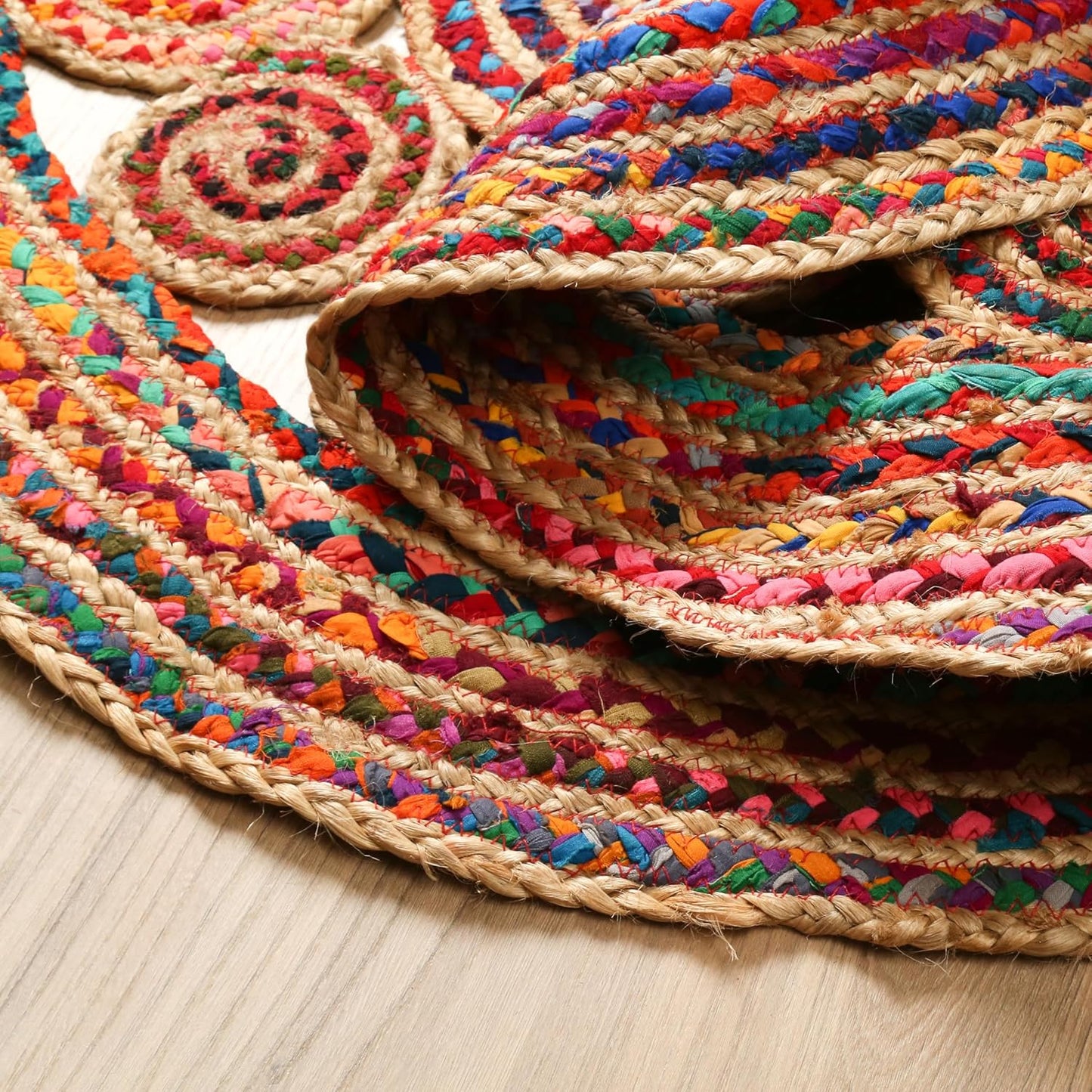 4' Round Handwoven Jute Chindi Area Rug - Colorful Boho Rugs for Living Room - Hand Braided Multicolor Bohemian Rug for Farmhouse, Bedroom, Dining Room, Classroom, Hallway, Kitchen, Office
