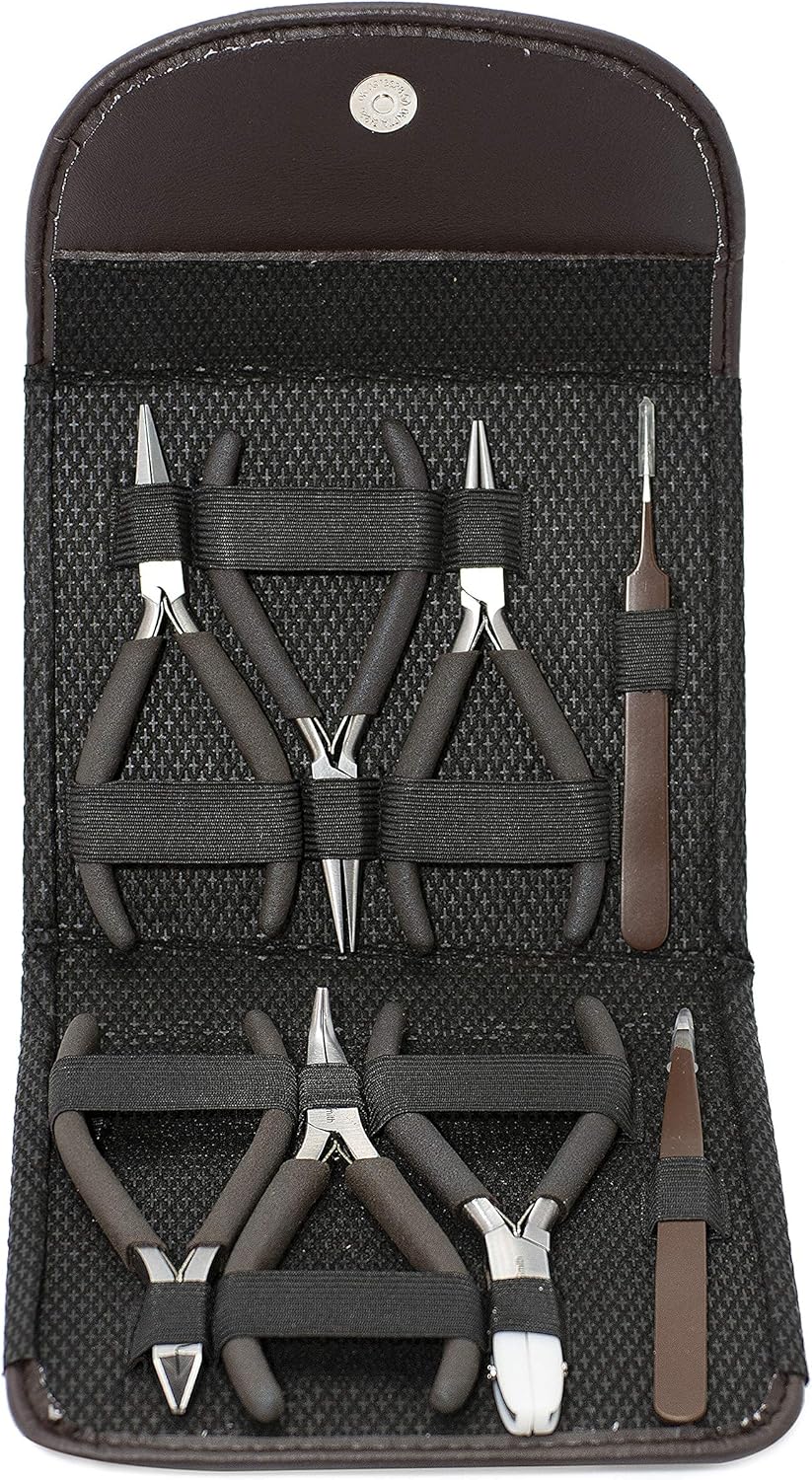 The Beadsmith Fashion Color Pliers – Set of 8 Slimline Color-Coordinated Tools – Matching Clutch in Chocolate – Jewelry Making Supply Kit to Create Necklaces, Bracelets, Earrings & More