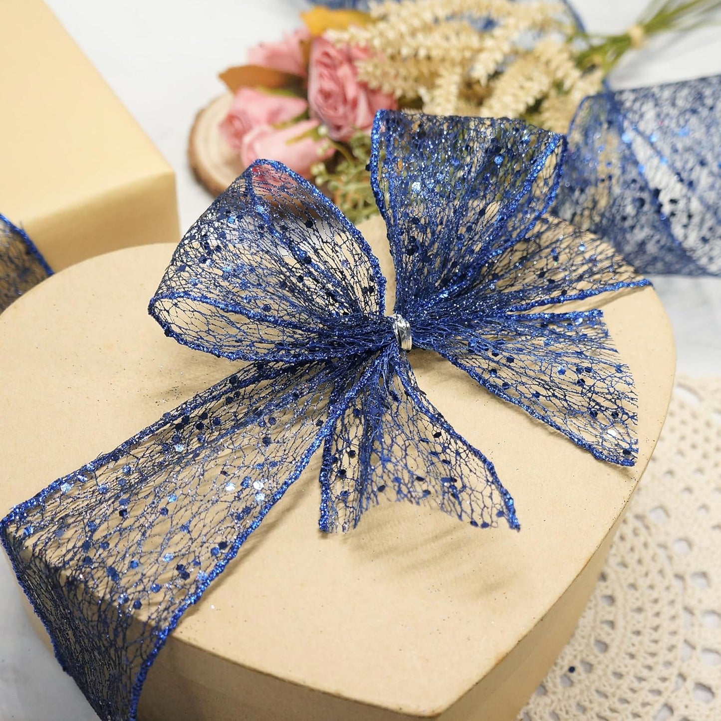 CT CRAFT LLC Sparkling Glitter Mesh Wired Ribbon 2.5" x 10 Yards Blue Navy for Christmas Home Decor Bow Gift Wrapping DIY Crafts Wreath
