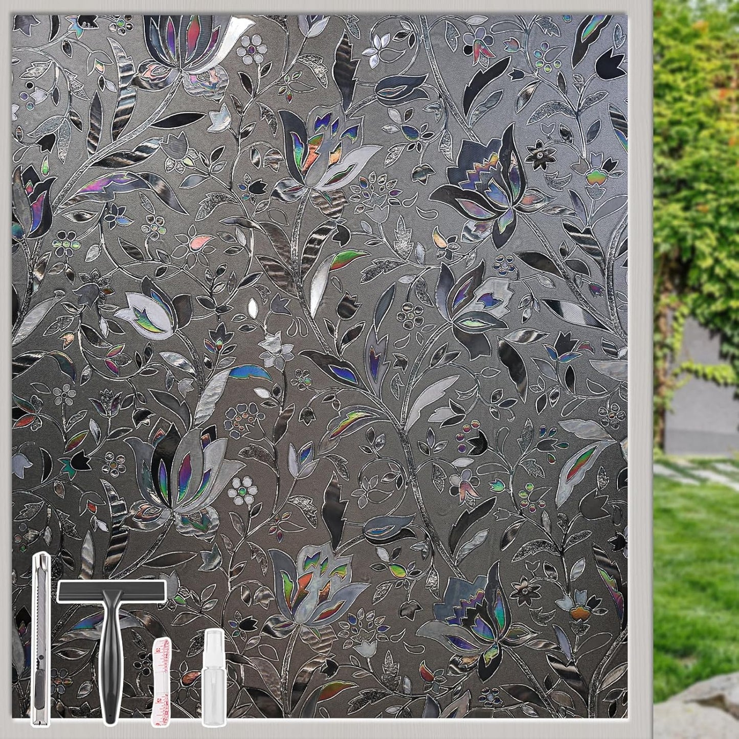 NINETREX Window Privacy Film,Decorative Window Film Frosted,Stained Glass Window Cling,Heat Blocker Non-Adhesive for Home,Grayish Black 23.6 x 78.7inch