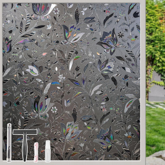 NINETREX Window Privacy Film,Decorative Window Film Frosted,Stained Glass Window Cling,Heat Blocker Non-Adhesive for Home,Grayish Black 17.5 x 78.7inch