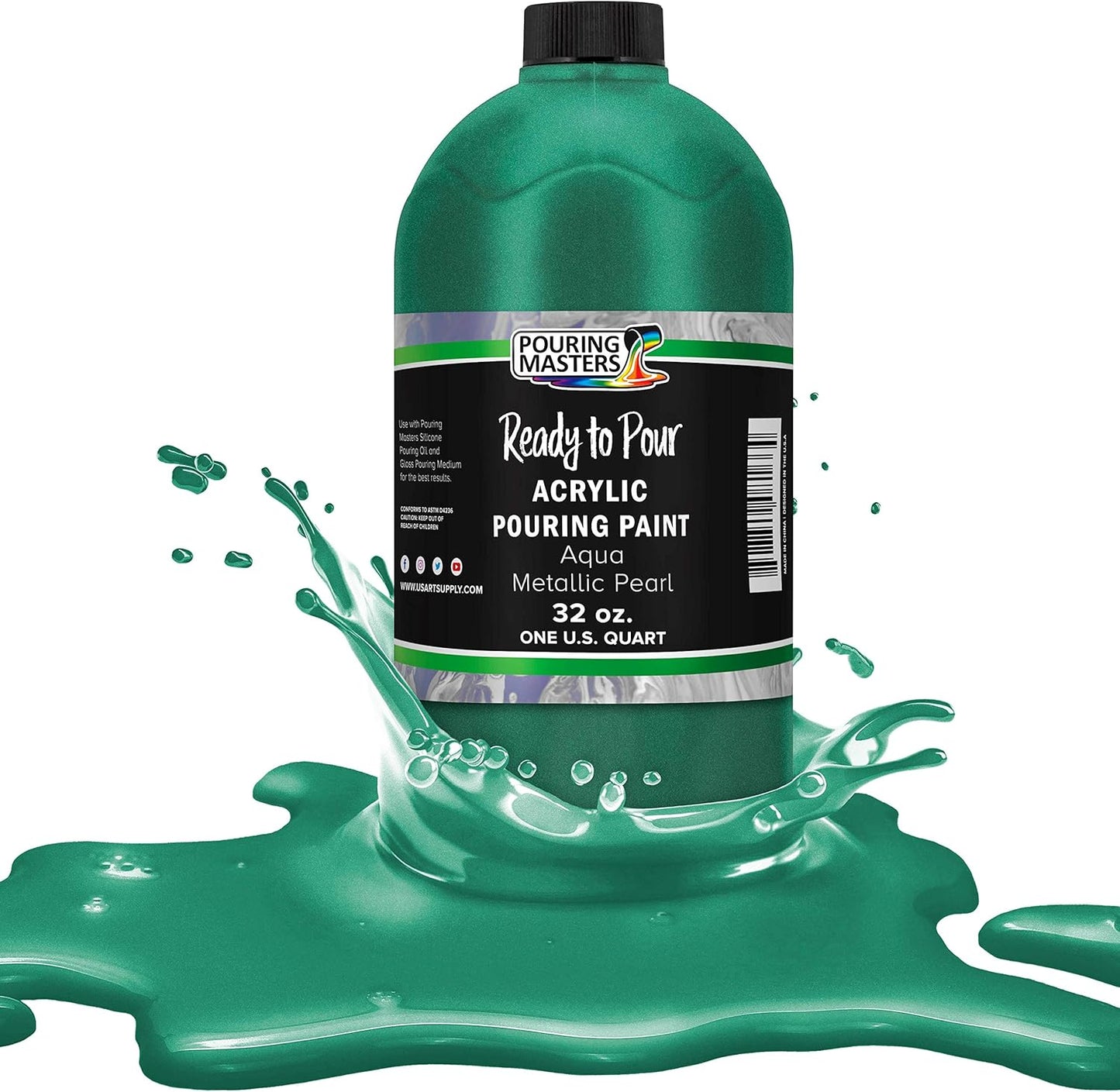 Pouring Masters Aqua Metallic Pearl Ready to Pour Acrylic Pouring Paint - Premium 32-Ounce Pre-Mixed Fluid Acrylic Paint - Fluid Art Supplies for Canvas, Wood, Paper, Tile & Rocks