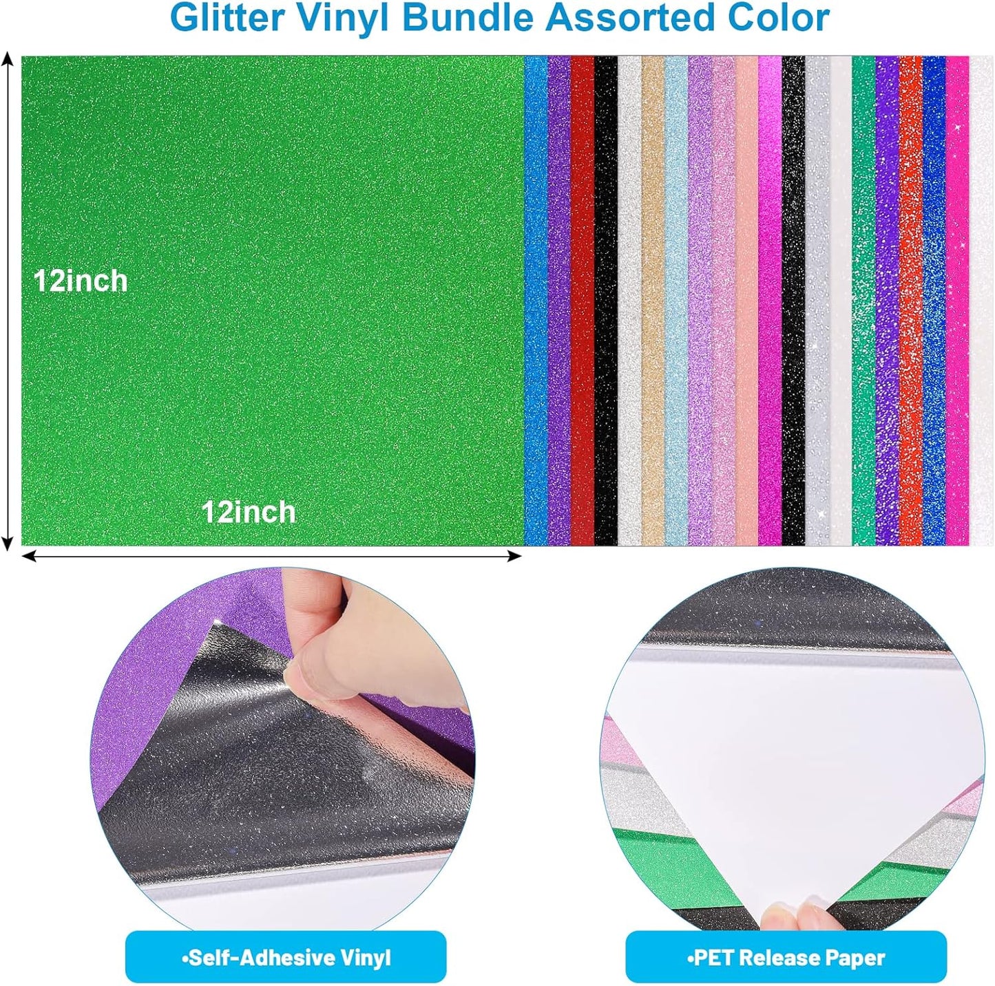 Glitter Vinyl Sheets Glossy and Matte Shimmer Permanent Vinyl Pack -12” X 12” 21 Pack Glitter Viny1 Permanent for Decor, Sticker