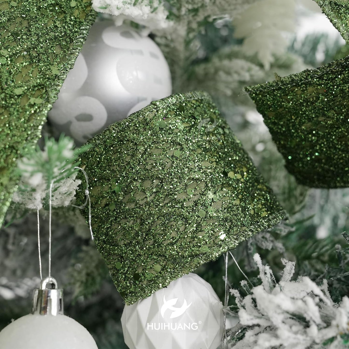 HUIHUANG Moss Green Wired Ribbon for Christmas Tree 2.5 inch Glitter Moss Diamond Mesh Ribbon for Tree Decoration, Wreaths, Garland, Gift Wrapping, Bows Making, Thanksgiving Decor -10 Yards