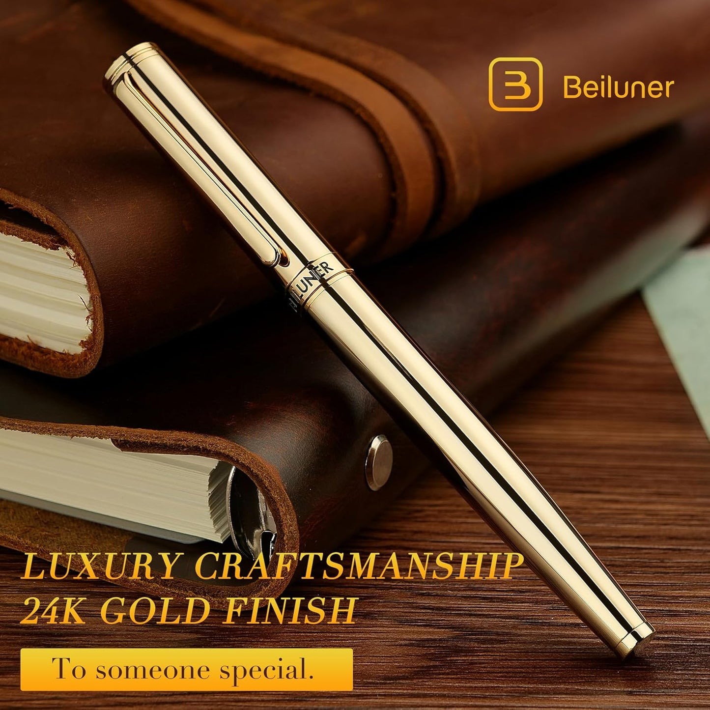 BEILUNER Gold Fountain Pen,Stunning Luxury Pens with 24K Gold Finish, Gorgeous 24K Gilded Nib(Fine), Trustworthy Pen Gift for Men&Women -Ink Converter-Elegant, Professional, Nice Pen for Writing