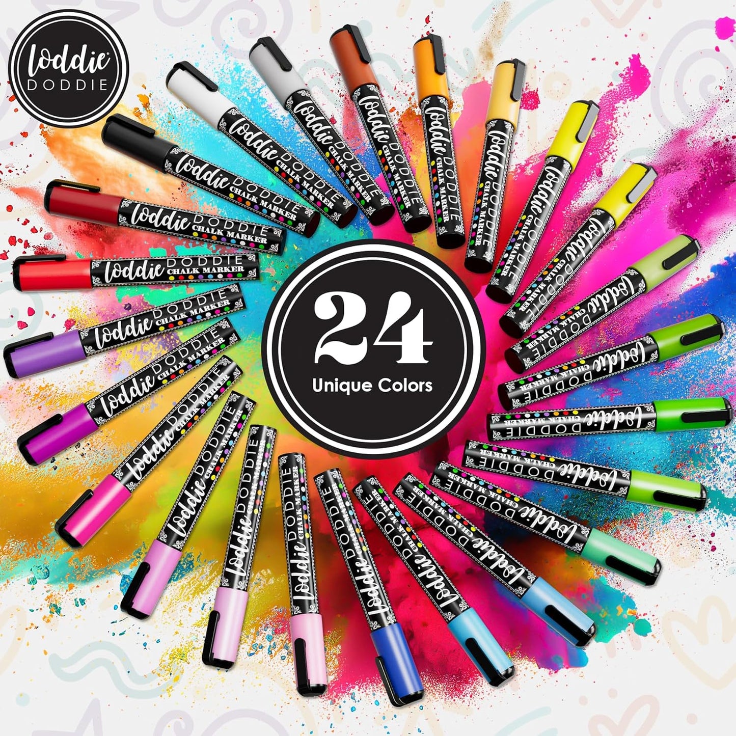 Loddie Doddie Chalk Markers - 24-Pack, 6mm Reversible Tips - Colored Chalk Pens for Art & Decor - Window Markers for Glass & Metal - Dry Erase Pens for Mirrors & More