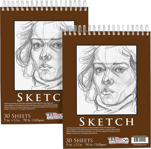 U.S. Art Supply 9”x12 Premium Heavy-Weight Paper Spiral Bound Sketch Book: 90 Pound (160gsm), 30-Sheet Drawing Pad (2 Pack)