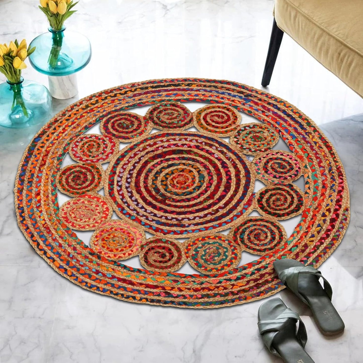 3' Round Handwoven Jute Chindi Area Rug - Colorful Boho Rugs for Living Room - Hand Braided Multicolor Bohemian Rug for Farmhouse, Bedroom, Dining Room, Classroom, Hallway, Kitchen, Office