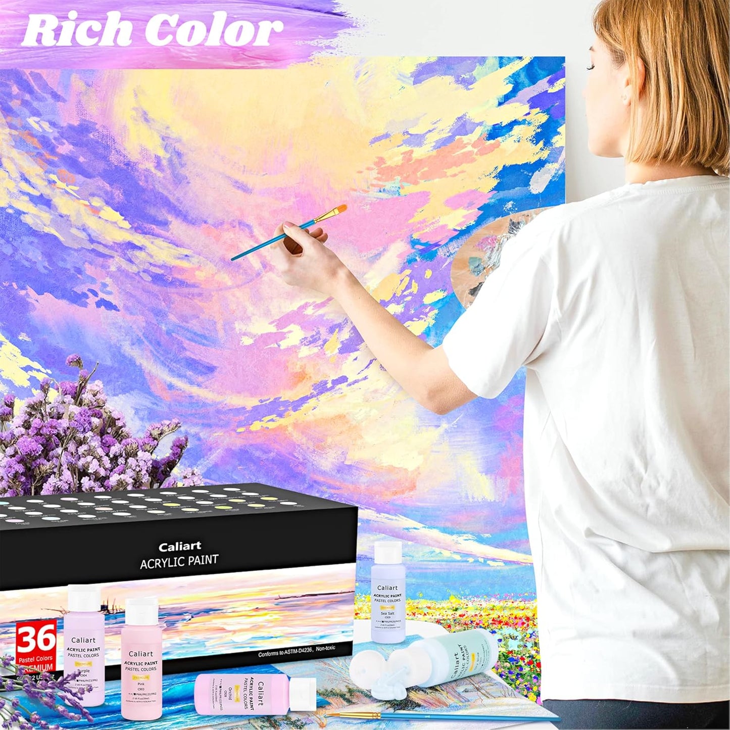 Caliart Acrylic Paint Set with 12 Brushes, 36 Pastel Colors (59ml, 2oz) Art Craft Paint for Artists Adults Beginners Painters, Canvas Ceramic Wood Fabric Rock Painting Supplies Kit