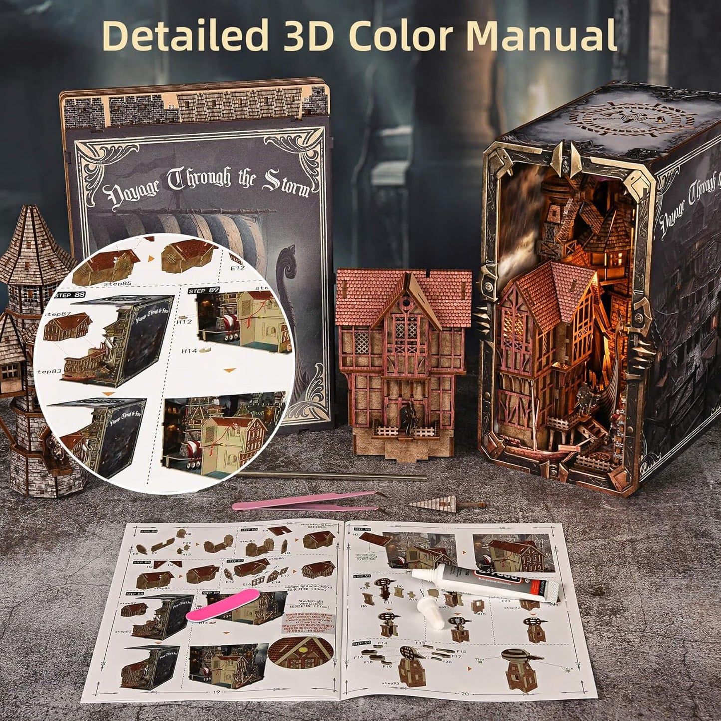 Book Nook Kit - DIY Miniature House Dollhouse Kit for Adults and Teens, Medieval Fantasy Viking Theme Bookshelf Decor 3D Wooden Puzzle Bookend, Gifts for Family, Friends (Voyage Through The Storm)