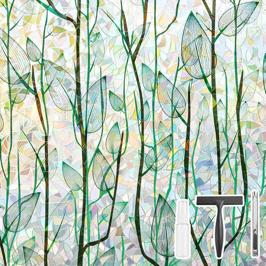 Finnez Window Privacy Film Window Film 3D No Glue Glass Sticker for Glass Door Home and Office Heat Control Anti UV (17.5 Inch x 13.1 Feet, Rainbow Grove)