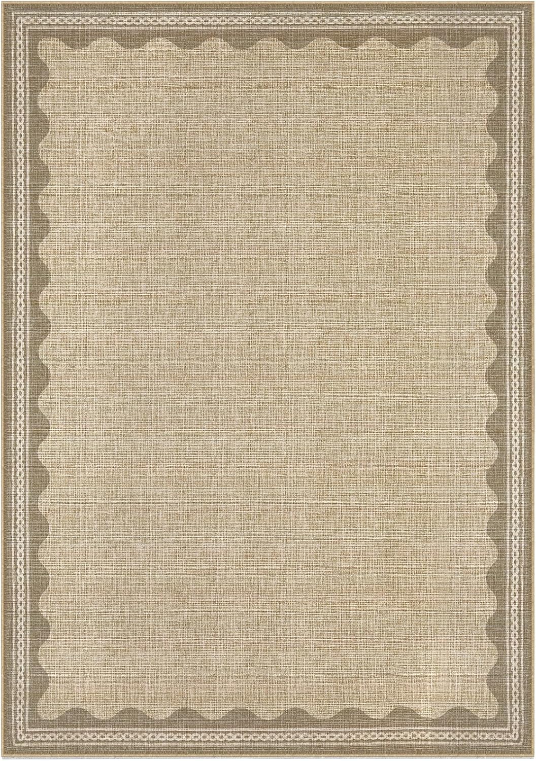 Scalloped Washable Rug 10x13 Area Rugs for Living Room, Solid Tan Rug for Bedroom Girls, Non Slip Throw Carpet with Rubber Back, Soft Dorm Nursery 10x13 Scalloped Rugs for Dining Room