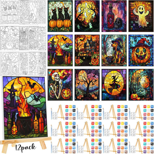 Zhanmai 12 Pack Pre Drawn Canvas for Painting Sip and Paint Kit 8" x 10" Paint Party Set Canvas Painting Pre Printed Canvases for Party Favor DIY Virtual Adult's Date Night (Vivid Ghost)