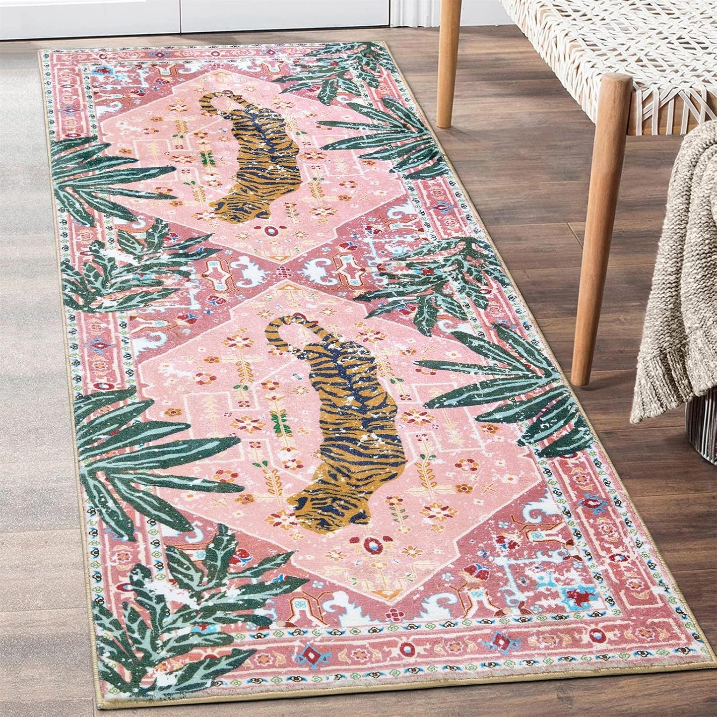 Oriental Tropical Hallway Runner Rug 2x8 Washable, Thin Stain Resistant Pink Boho Runner Rug for Entryway Kitchen Bedroom Laundry, Vintage Abstract Hippie Indian Botanical Long Floor Carpet
