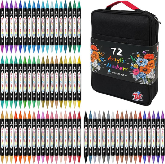 TBC The Best Crafts 72 Colors Dual Tip Acrylic Paint Markers, Double zipper design Topgrade Canvas bag,Waterproof, Non-Toxic, odorless, Suitable for Paper,Pottery, Stones, Glass,outdoor painting