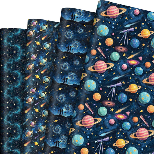 Pineraap 12 Sheets Galaxy Telescope Wrapping Paper, Starry Sky Gift Wrap Folded Flat Blue Space Craft Paper for Astronomy Lovers Birthday Party Baby Shower Present Packing, 19.7 x 27.6 Inch