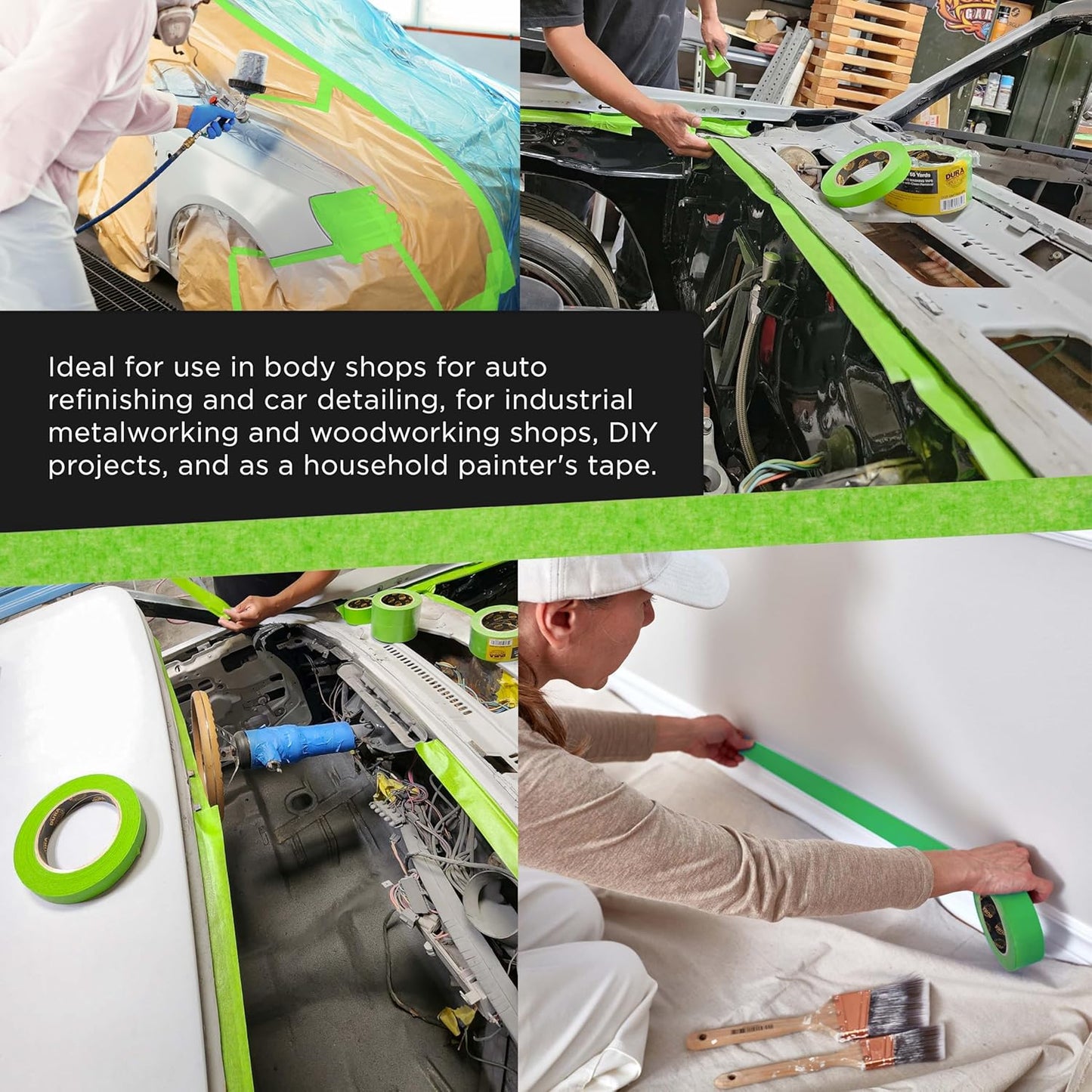 Dura-Gold Green Automotive Masking Tape 3/4 Inch (0.7 Inch x 55 Yards), 4 Rolls - Premium High-Performance, Heat Resistant - Auto Refinish Painting, Car Detailing, Autobody, Industrial, Painters Tape