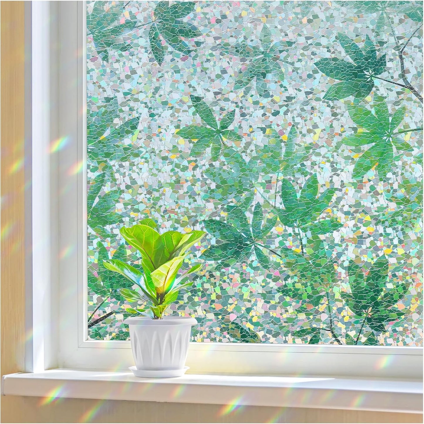 Haton Window Privacy Film, Decorative Stained Glass Window Clings, 3D UV Sun Blocking Sticker, Removable Static Cling Heat Control Tint for Home Door, Leaf Rainbow, 35.4" x 78.7" Non-Adhesive