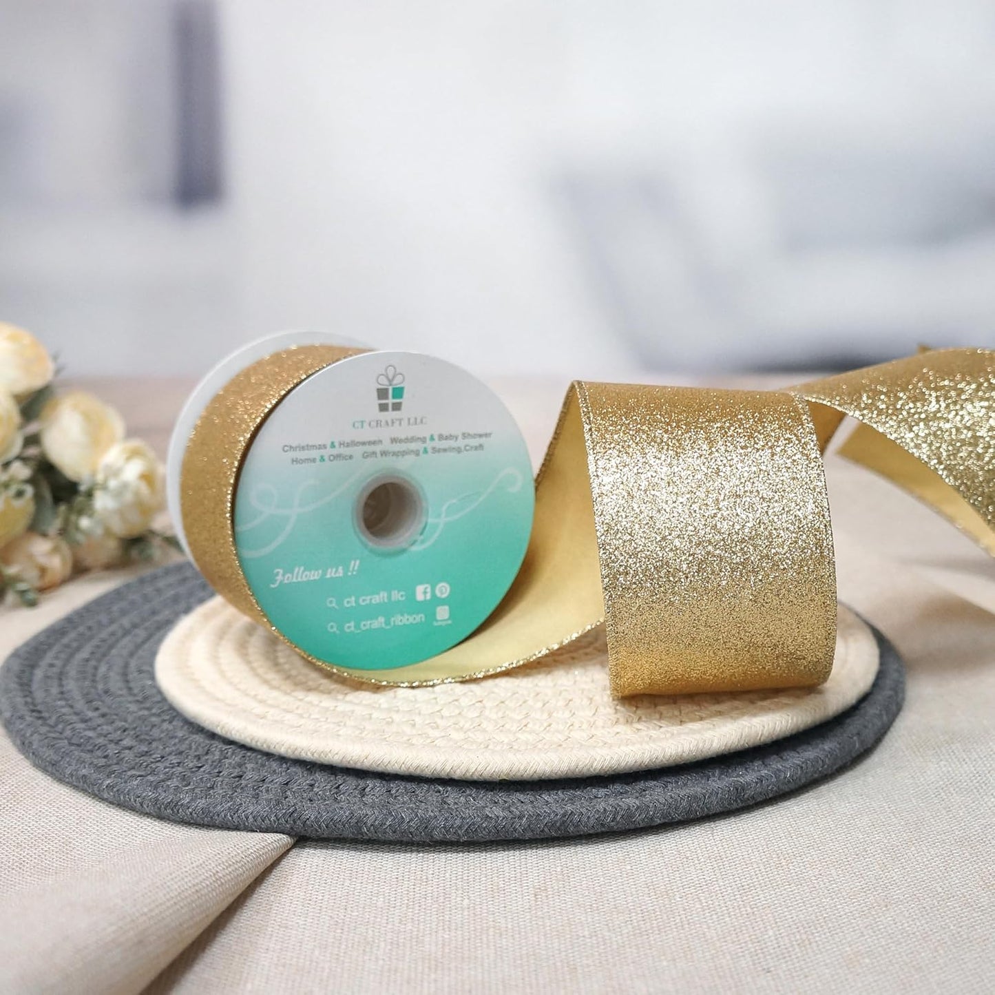 CT CRAFT LLC Glitter Wired Ribbon 2.5" x 10 Yards Light Gold for Christmas Home Decor Bow Gift Wrapping DIY Crafts Wreath