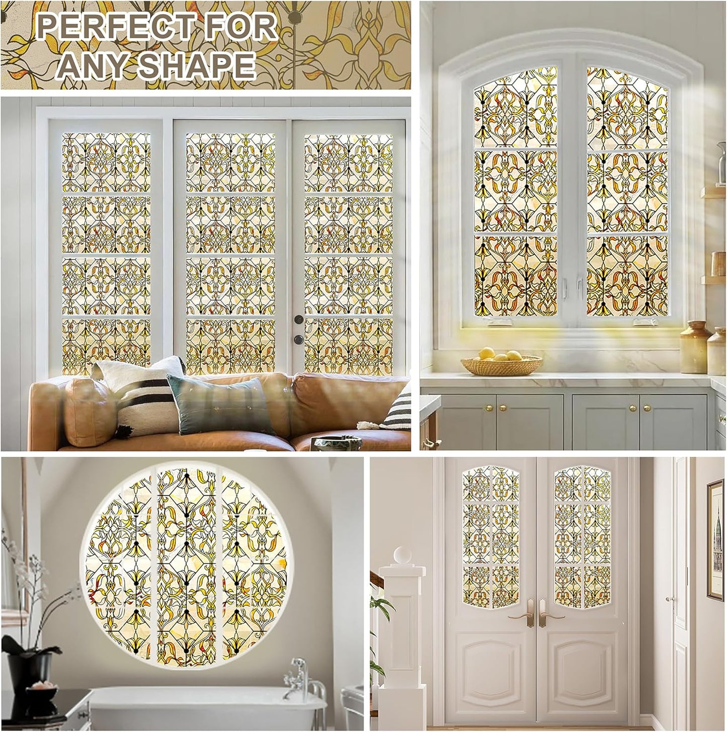3D Stained Glass Window Privacy Film, Heat Control UV Blocking Static Cling Decorative Window Film for Bathroom,Front Door,Home Non Adhesive 16.9 x 78.7 inches Golden Filigree