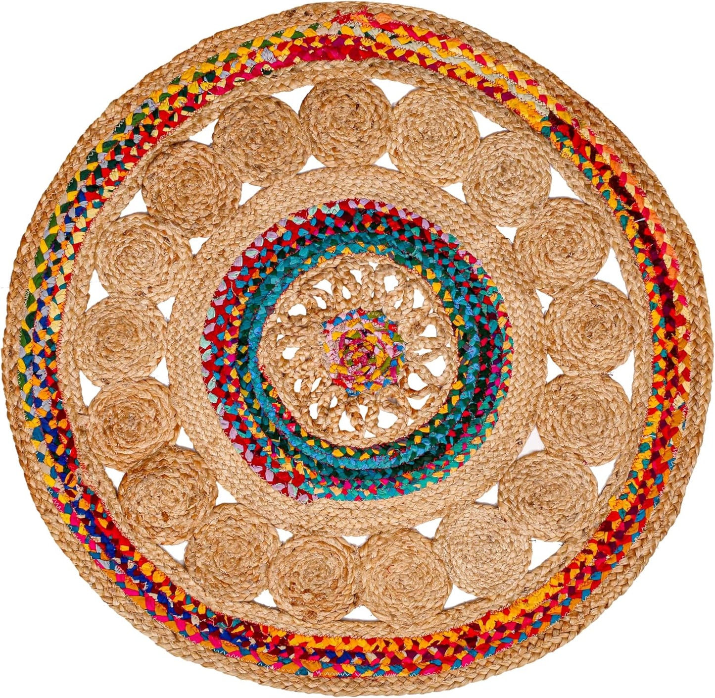 3' Round Handwoven Jute Chindi Area Rug - Colorful Boho Rugs for Living Room - Hand Braided Multicolor Bohemian Rug for Farmhouse, Bedroom, Dining Room, Classroom, Hallway, Kitchen, Office