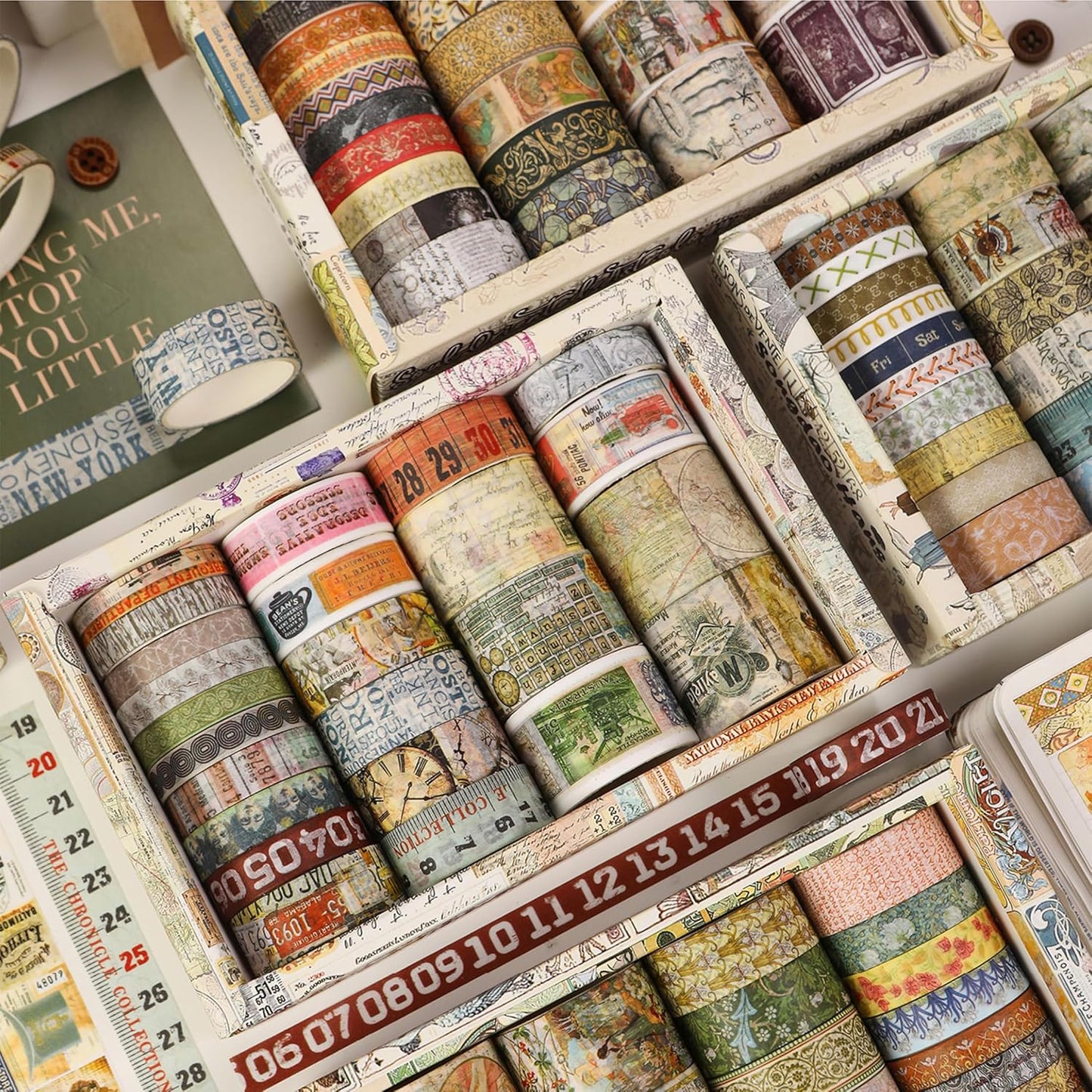 Vintage Washi Tape Set - 24 Rolls Arts Adhesive Tapes Assorted Retro Decorative Masking Tape Sets for Craft, Kids, Scrapbook, DIY, Gift Wrapping (7-Daily Vintage)