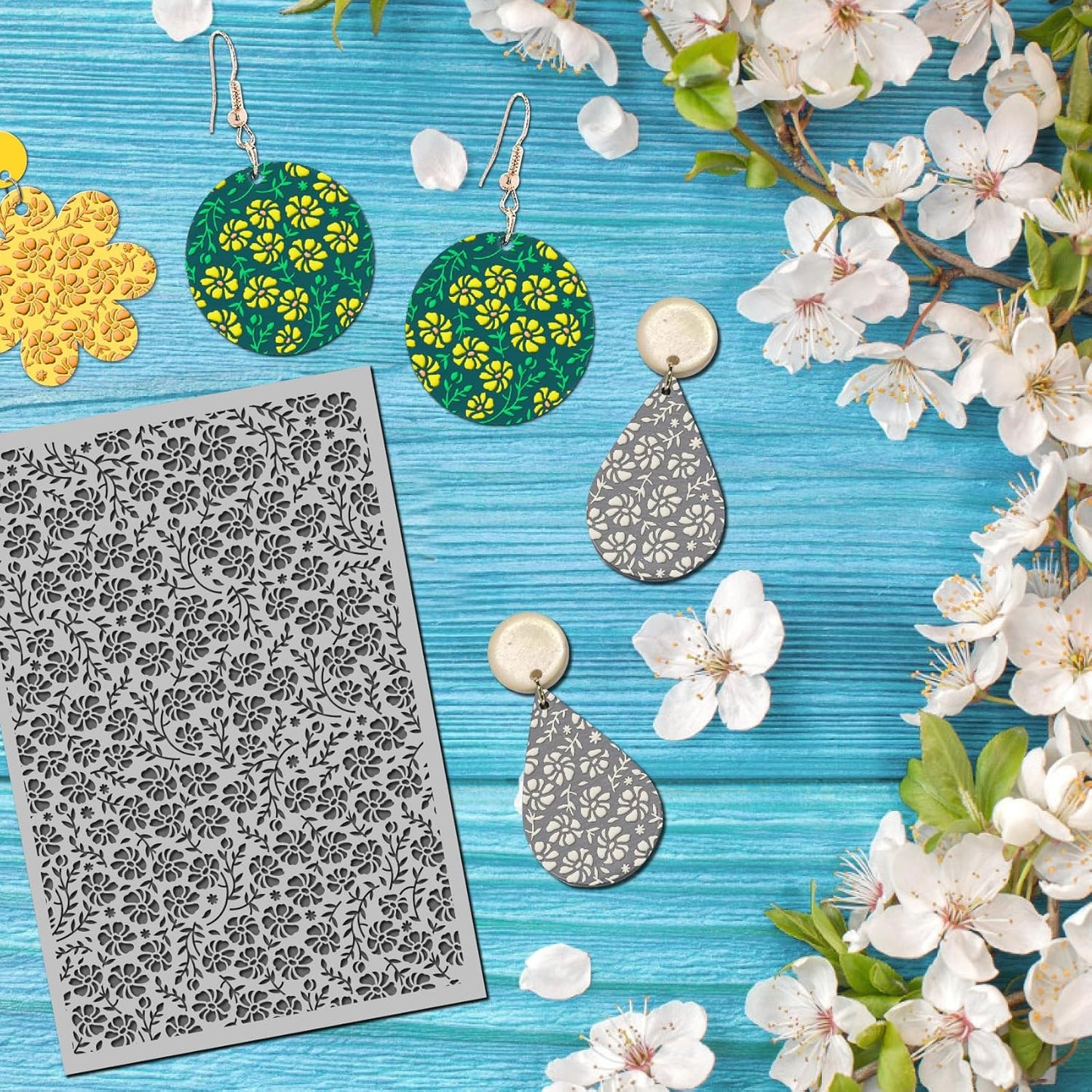 Arbuya Flowers Polymer Clay Texture Mat - Floral Swirls Leaves Texture Sheet for Polymer Clay Jewelry Making, Earring Charms, DIY Craft Supplies