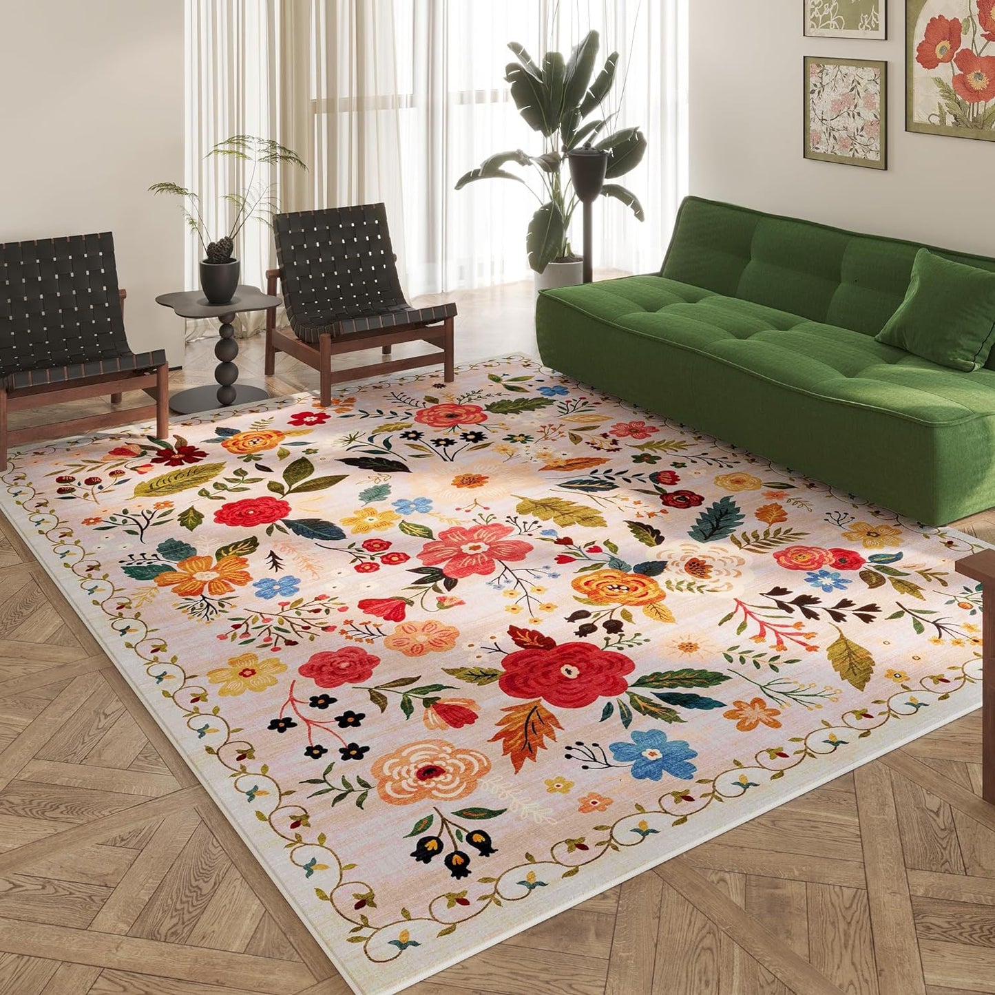 Rugcomf Living Room Rug 6x9 Rug Machine Washable Boho Area Rug Non Slip Floral Vintage Low Pile Large Rug for Living Room, Bedroom, Farmhouse, Dining Room, Kids Playroom(Beige)