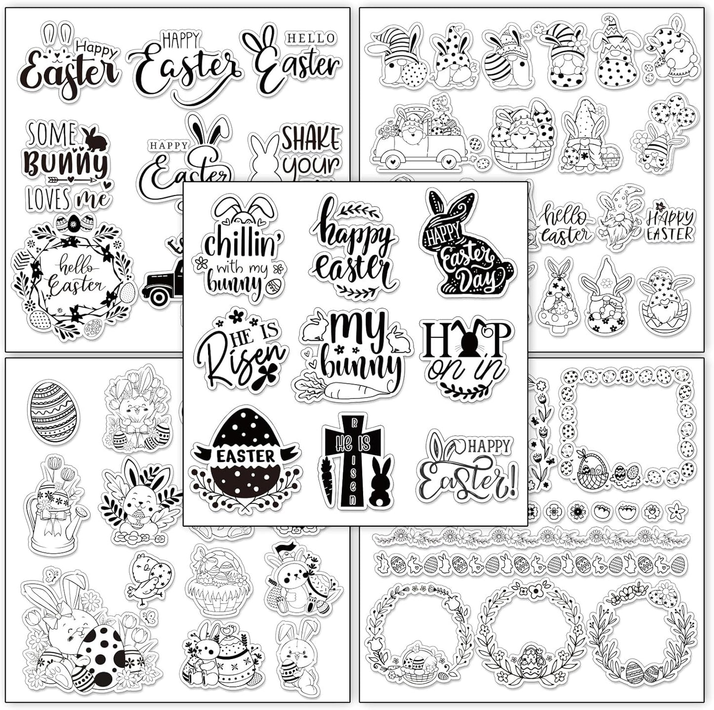 Whaline 5 Sheet Easter Clear Stamps Bunny Rabbit Egg Gnome Words Silicone Transparent Stamps Border Rubber Stamp Cards for DIY Crafts Card Making Scrapbooking Album Supplies